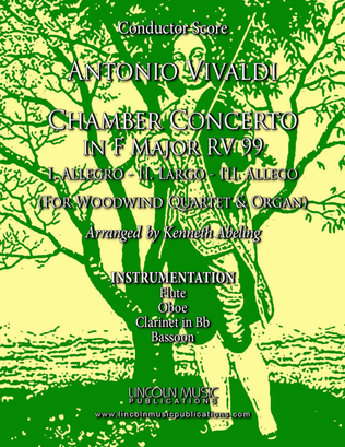 Book cover for Vivaldi – Chamber Concerto in F Major RV 99 (for Woodwind Quartet and Optional Organ)