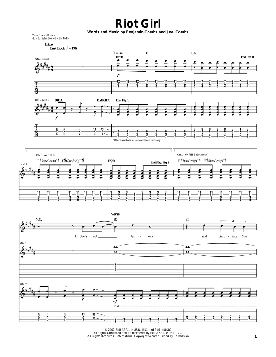 Riot Girl Guitar Tablature scores gallery preview page 1