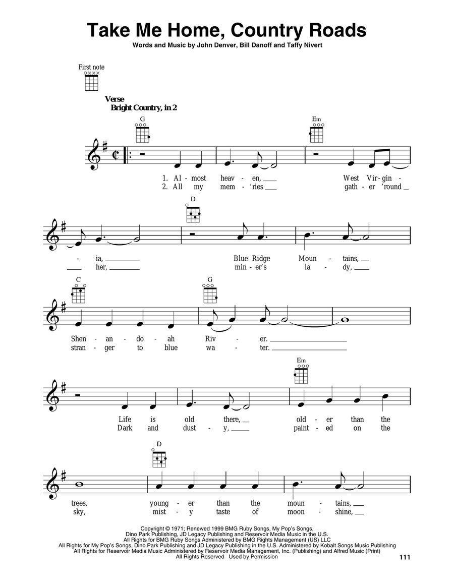 Take Me Home, Country Roads Baritone Ukulele scores gallery preview page 1