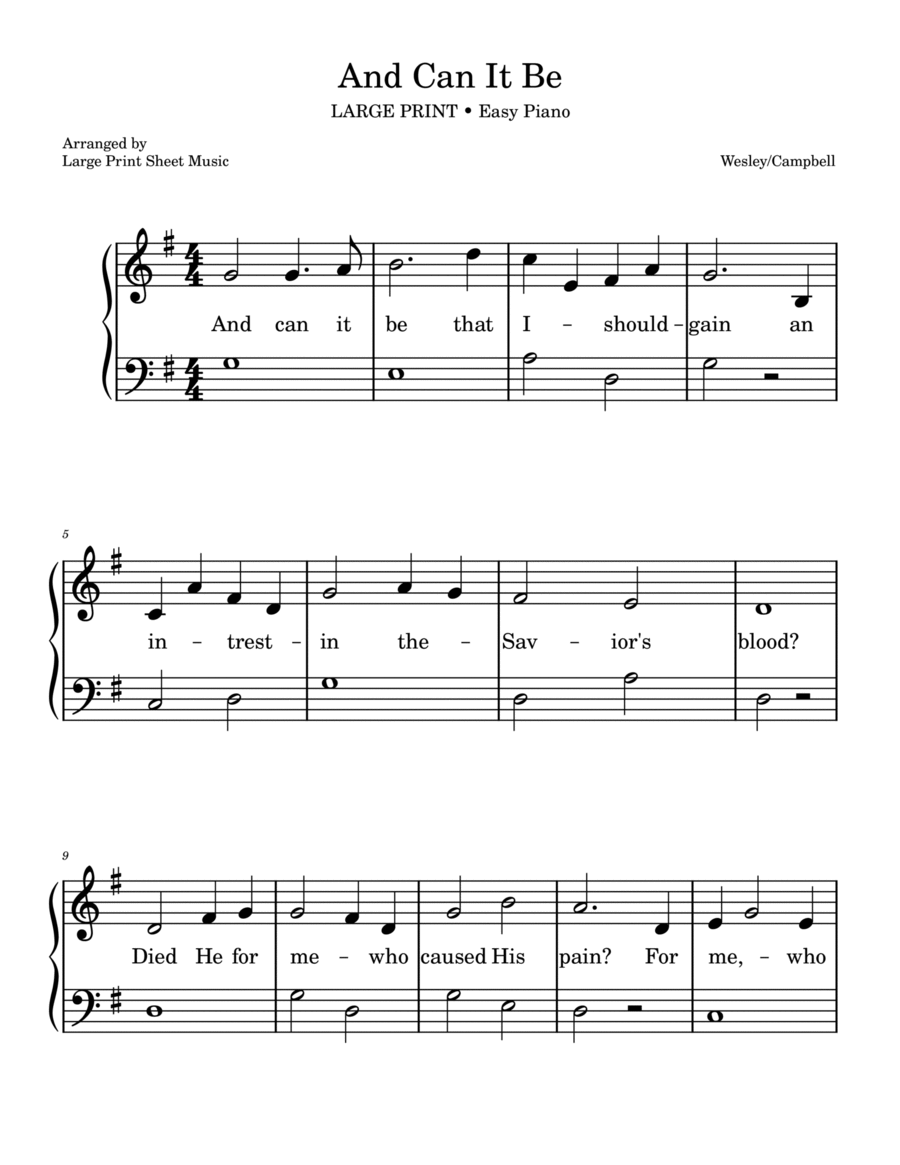 And Can It Be Hymn • LARGE PRINT • Easy Piano Solo Easy Piano scores gallery preview page 1