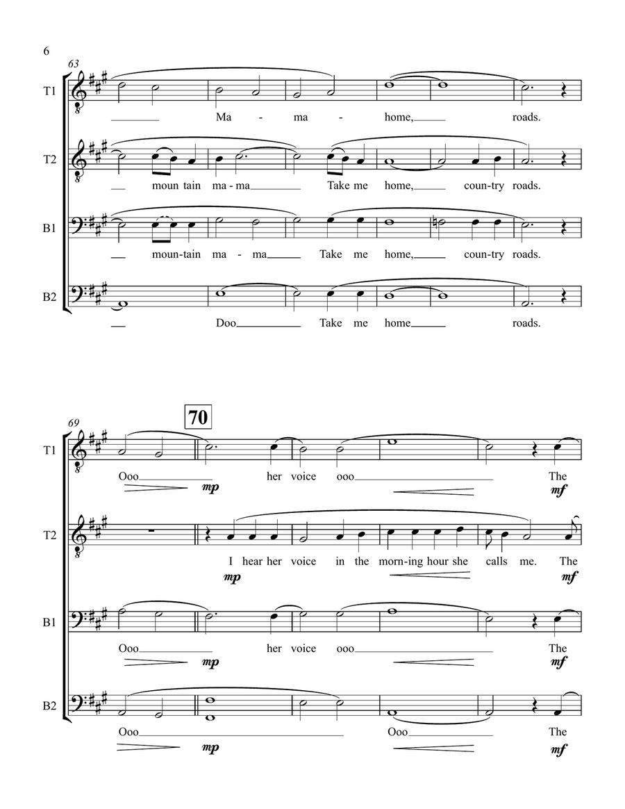 Take Me Home, Country Roads TTBB scores gallery preview page 6