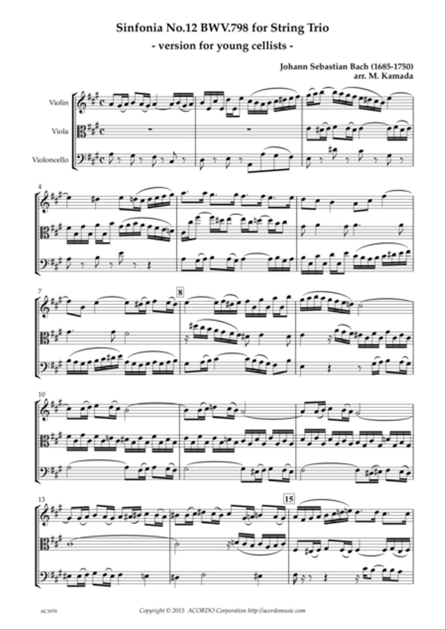 Sinfonia No.12 BWV.798 for String Trio - version for young cellists - String Trio scores gallery preview page 1
