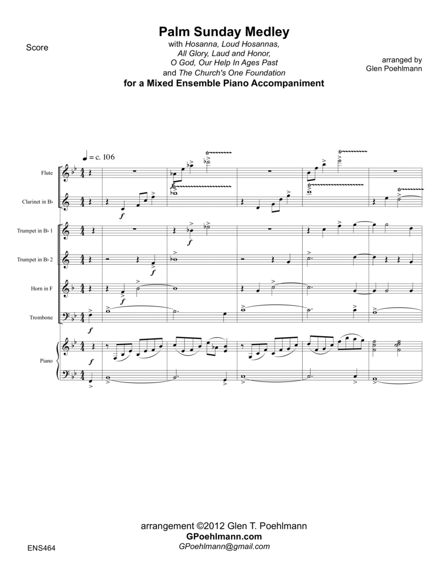 PALM SUNDAY MEDLEY - MIXED ENSEMBLE with PIANO (Flute, Clarinet, 2 Trumpets, Horn, Trombone) Large Ensemble scores gallery preview page 1