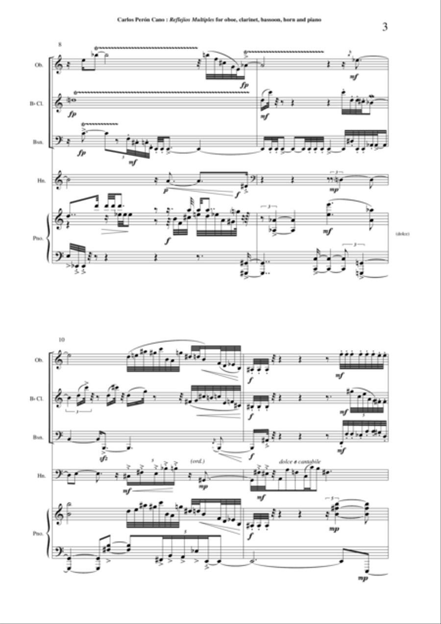 Carlos Perón Cano: Reflejos multiples (2003) for oboe, Bb clarinet, bassoon, horn and piano Woodwind Quartet scores gallery preview page 3
