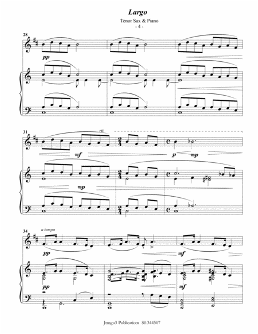 Dvořák: Largo from the New World Symphony for Tenor Sax & Piano Tenor Saxophone scores gallery preview page 4