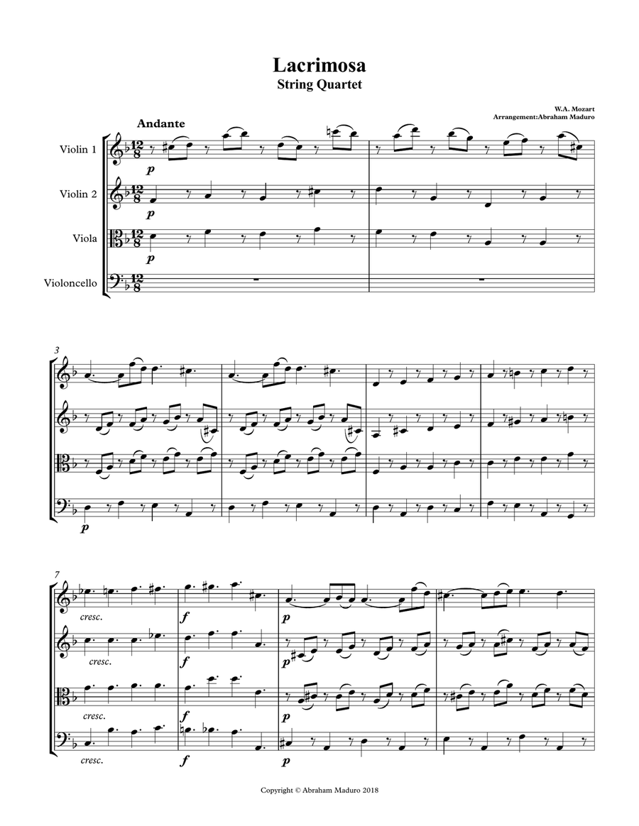 Lacrimosa from Mozart´s Requiem String Quartet String Quartet scores gallery preview page 1