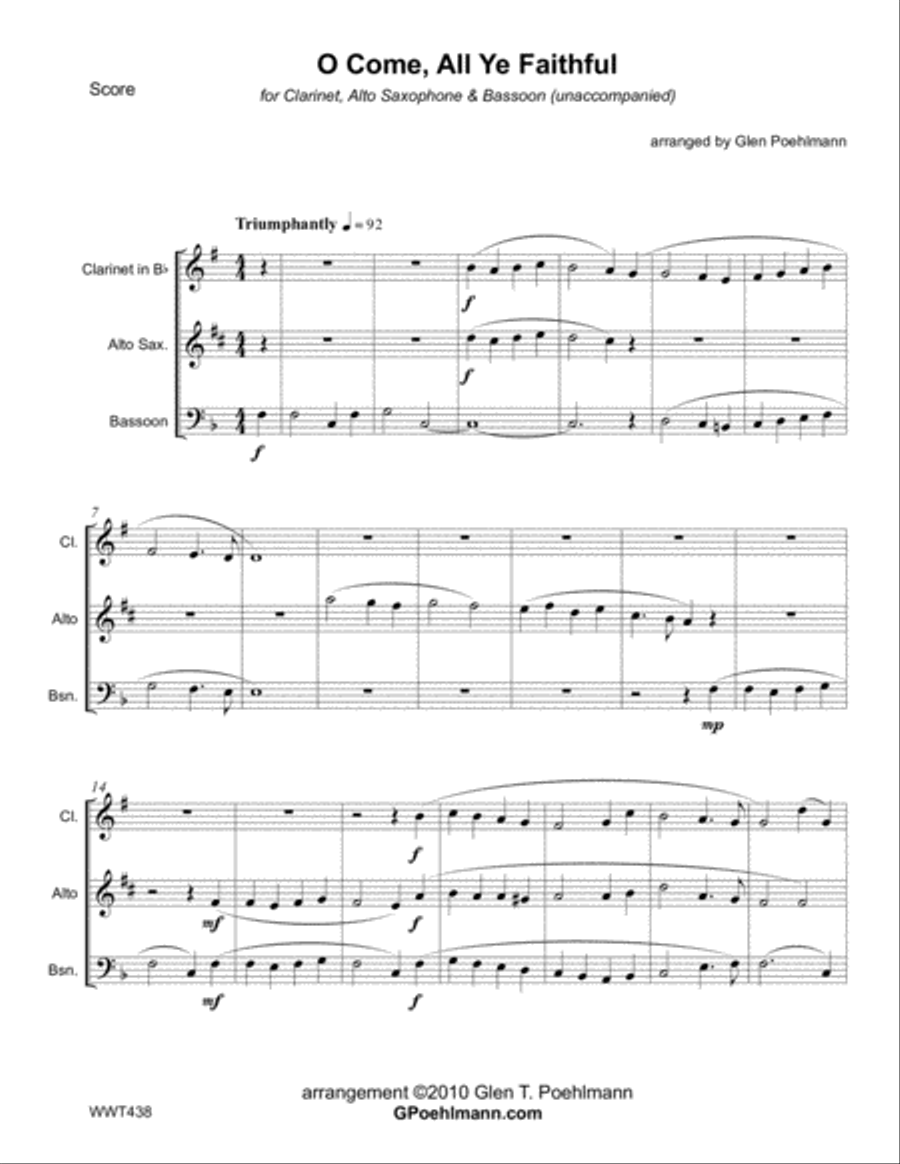 O COME ALL YE FAITHFUL - WOODWIND TRIO (Clarinet, Alto Sax & Bassoon) - unaccompanied Woodwind Trio scores gallery preview page 1