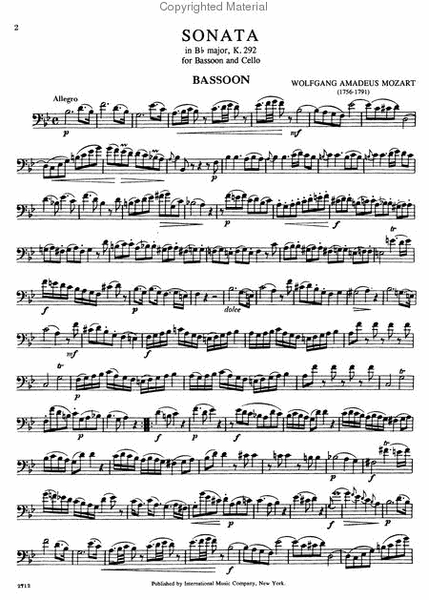 Sonata In B Flat Major, K. 292 For Bassoon & Cello