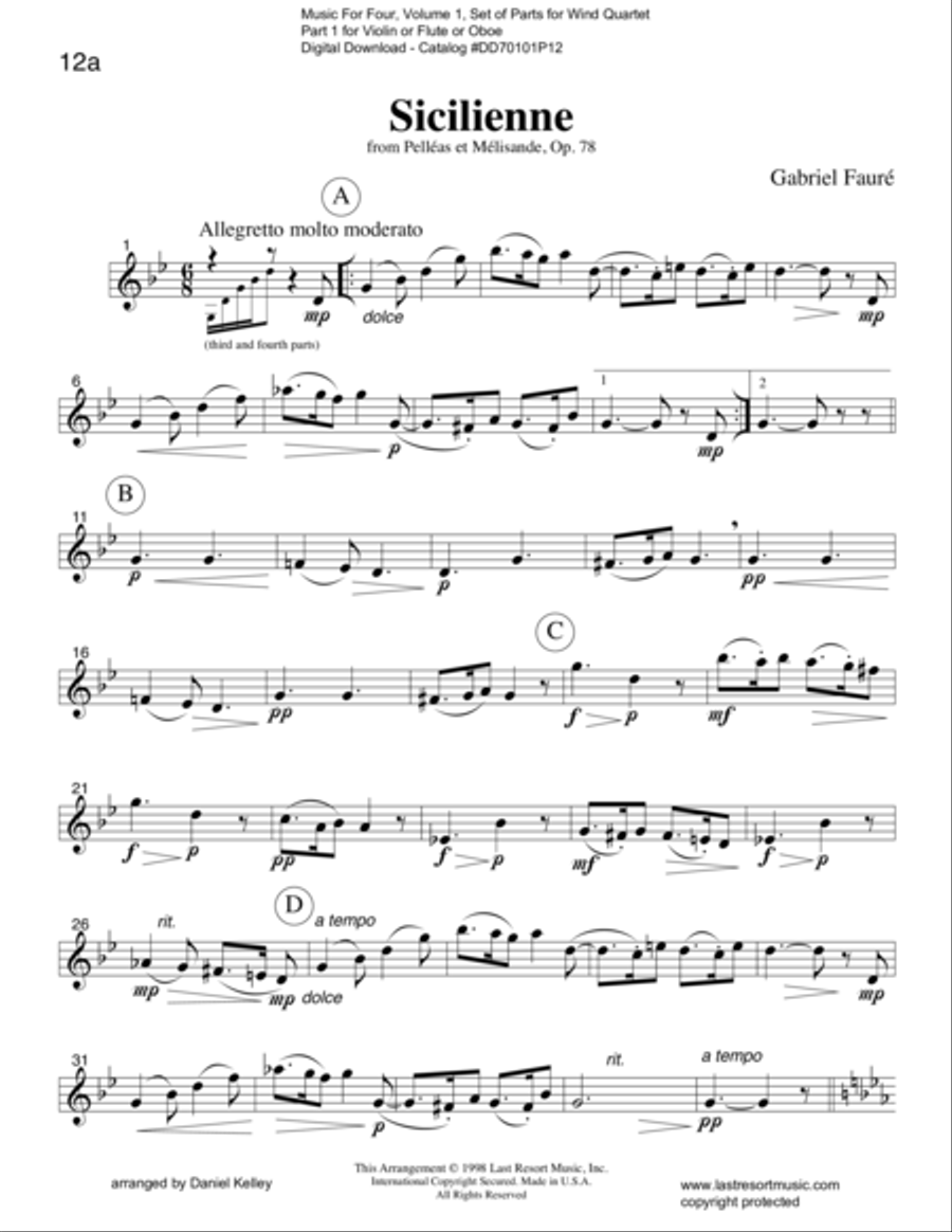 Sicilienne from Pelleas et Melisande (Wind Quartet or Mixed Quartet) Woodwind Quartet scores gallery preview page 1