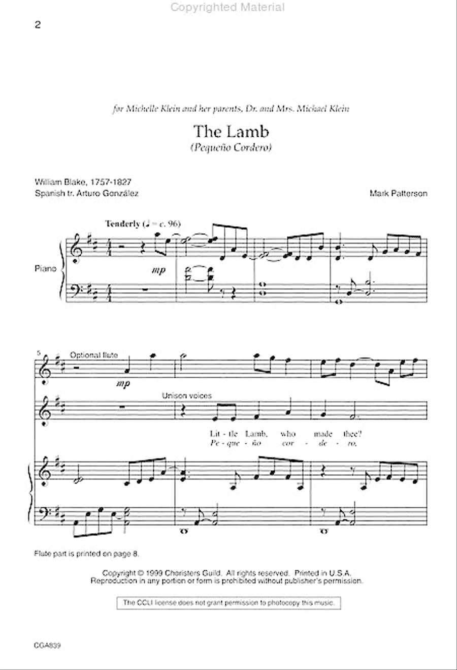 The Lamb (Pequeno Cordero) Unison Choir scores gallery preview page 2