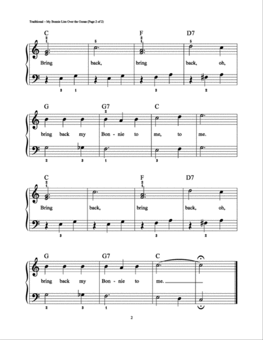 My Bonnie Lies Over the Ocean Easy Piano scores gallery preview page 2