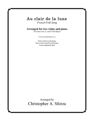 Book cover for Au clair de la lune, for two violas and piano