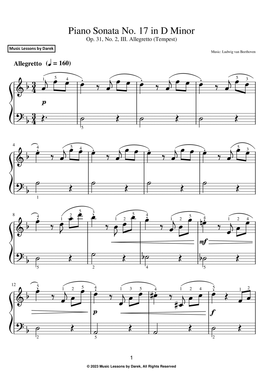 Piano Sonata No. 17 in D Minor (EASY PIANO) Op. 31, No. 2, III. Allegretto (Tempest) Easy Piano scores gallery preview page 1