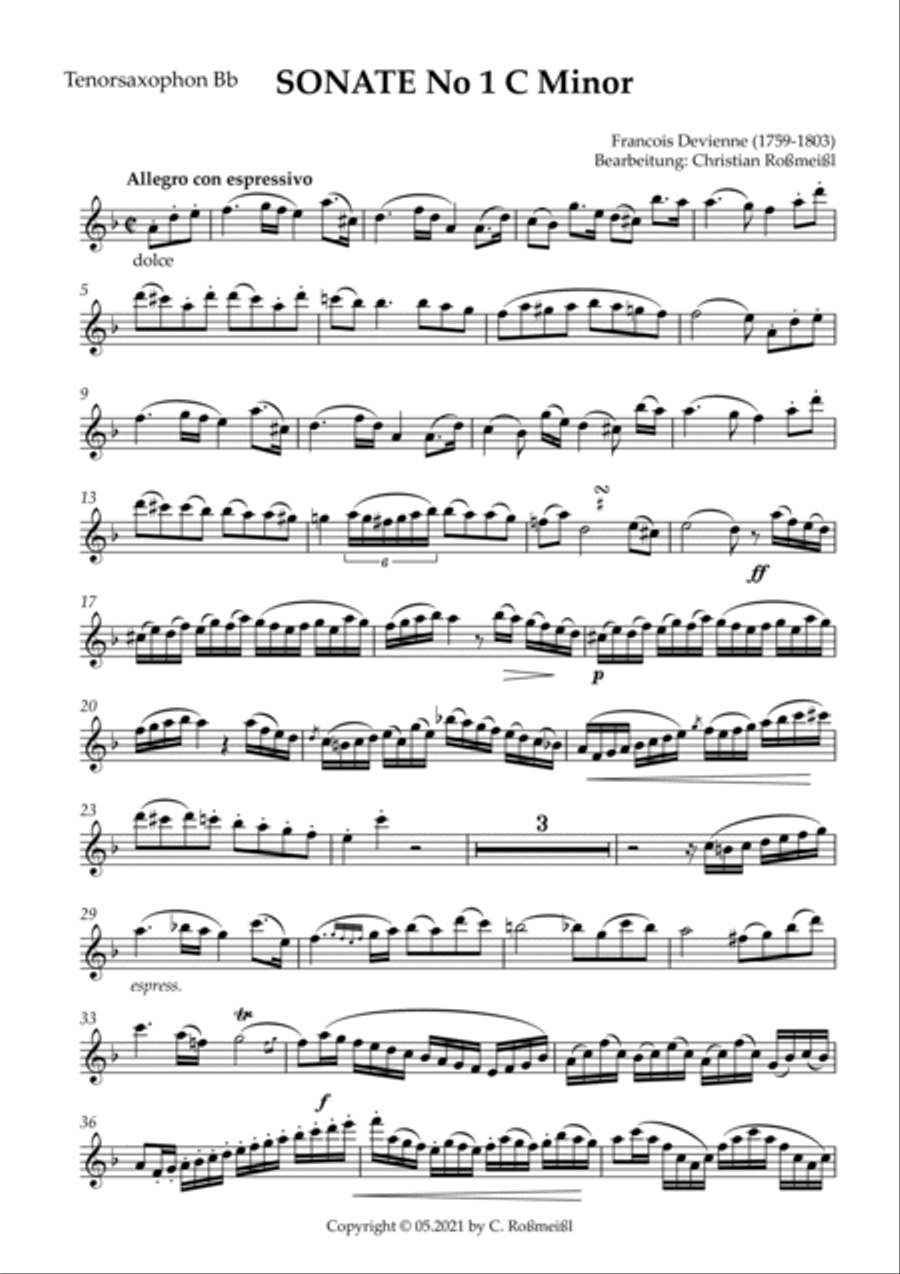 Devienne Sonata No 1 C Minor Part 1 Allegro (Tenorsaxophon) Tenor Saxophone scores gallery preview page 2
