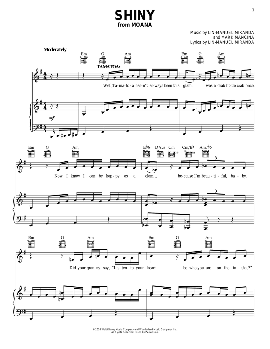 Shiny (from Moana) Piano, Vocal, Guitar scores gallery preview page 1
