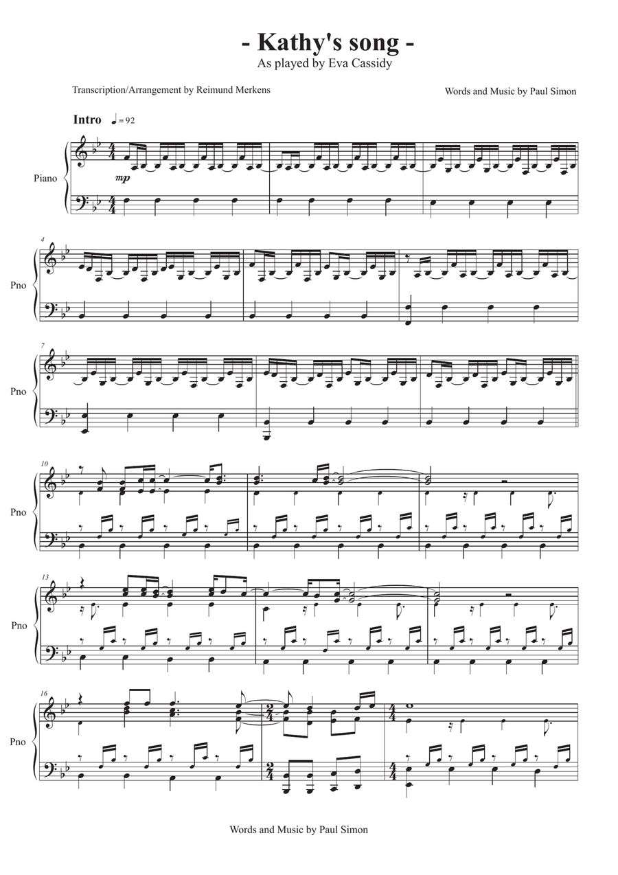 Kathy's Song Piano Solo scores gallery preview page 1