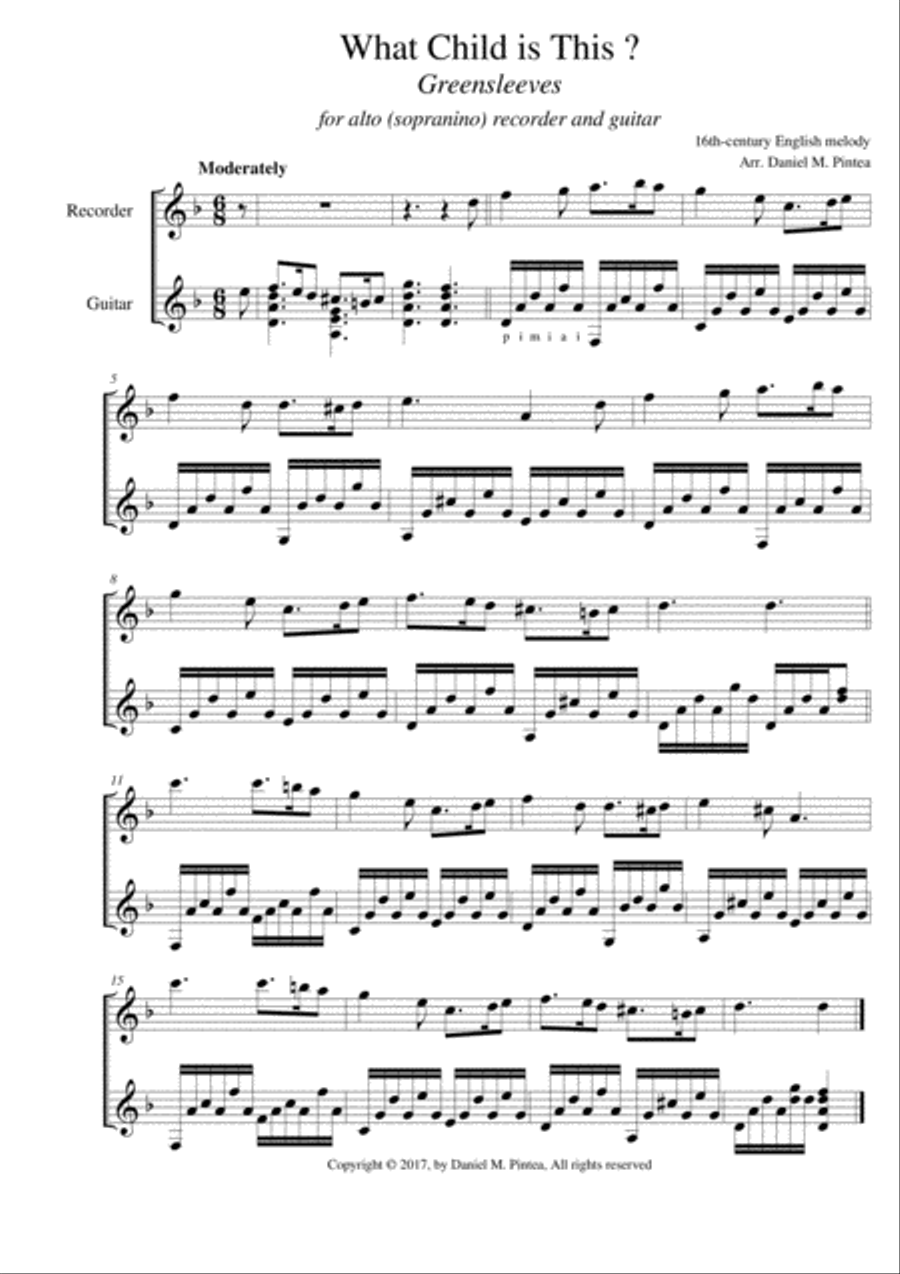 What Child is This (Greensleeves) - Soprano recorder and guitar Small Ensemble scores gallery preview page 1