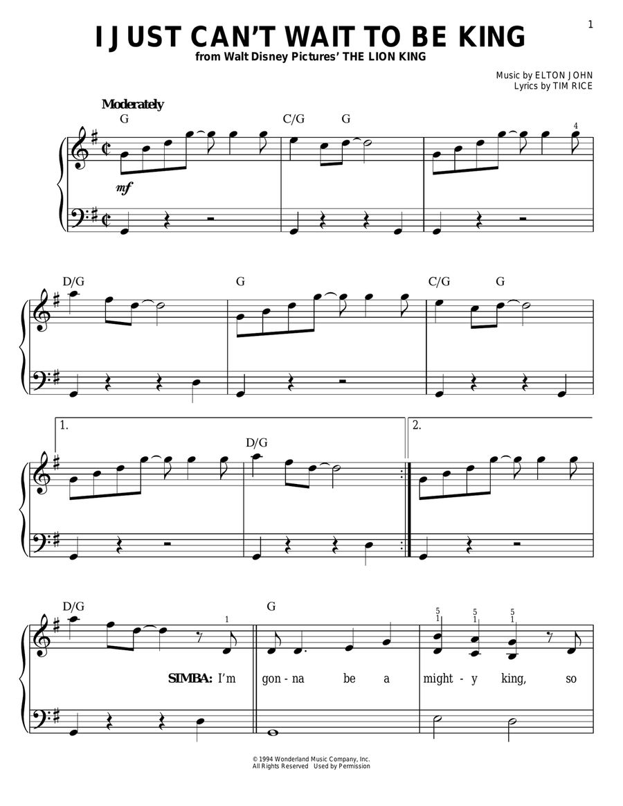 I Just Can't Wait To Be King (from The Lion King) Easy Piano scores gallery preview page 1