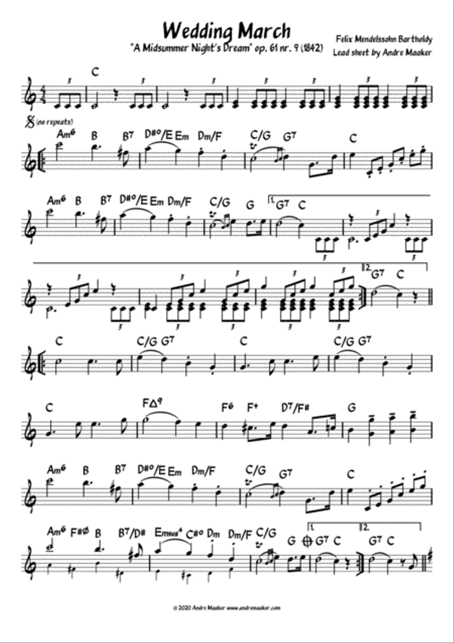 Felix Mendelssohn "Wedding March" - lead sheet / melody+chords notation