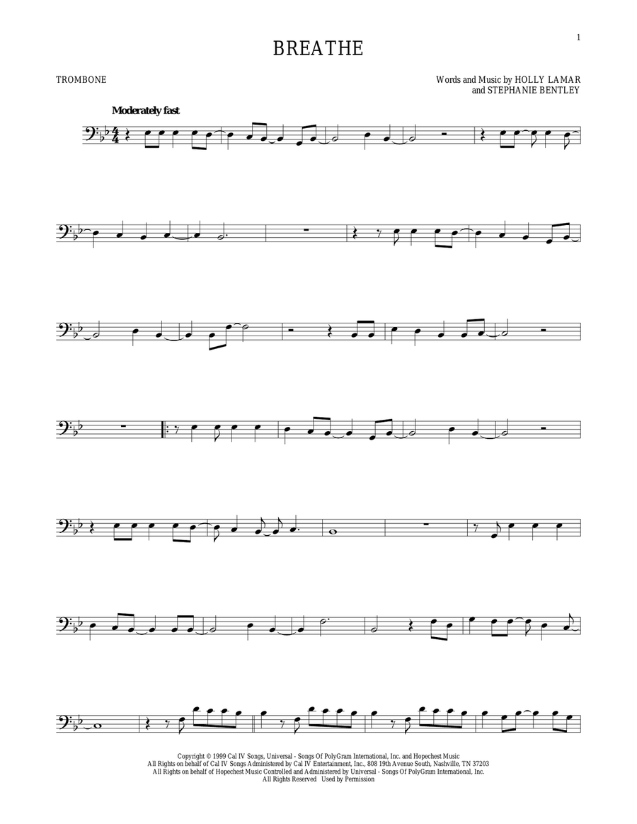 Breathe Breathe Trombone Solo scores gallery preview page 1