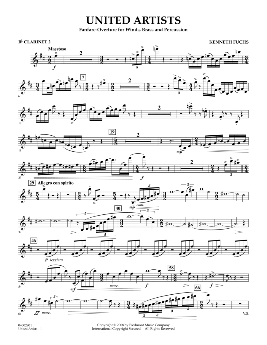 United Artists (Fanfare Overture for Winds, Brass and Percussion) - Bb Clarinet 2 Concert Band scores gallery preview page 1