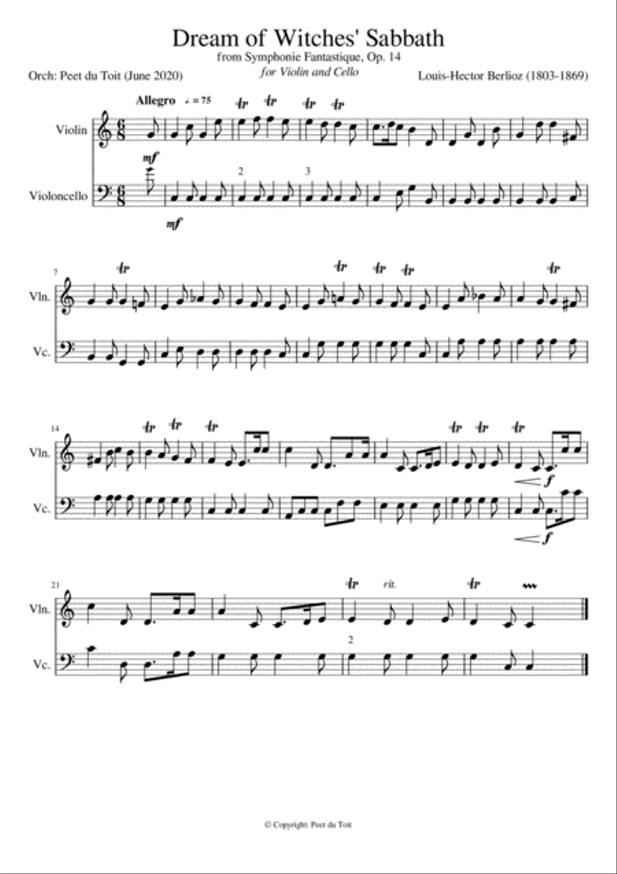 Dream of Witches' Sabbath, Symphonie Fantastique, Op. 14 - L-H Berlioz - (Violin & Cello) excerpt String Duet scores gallery preview page 1