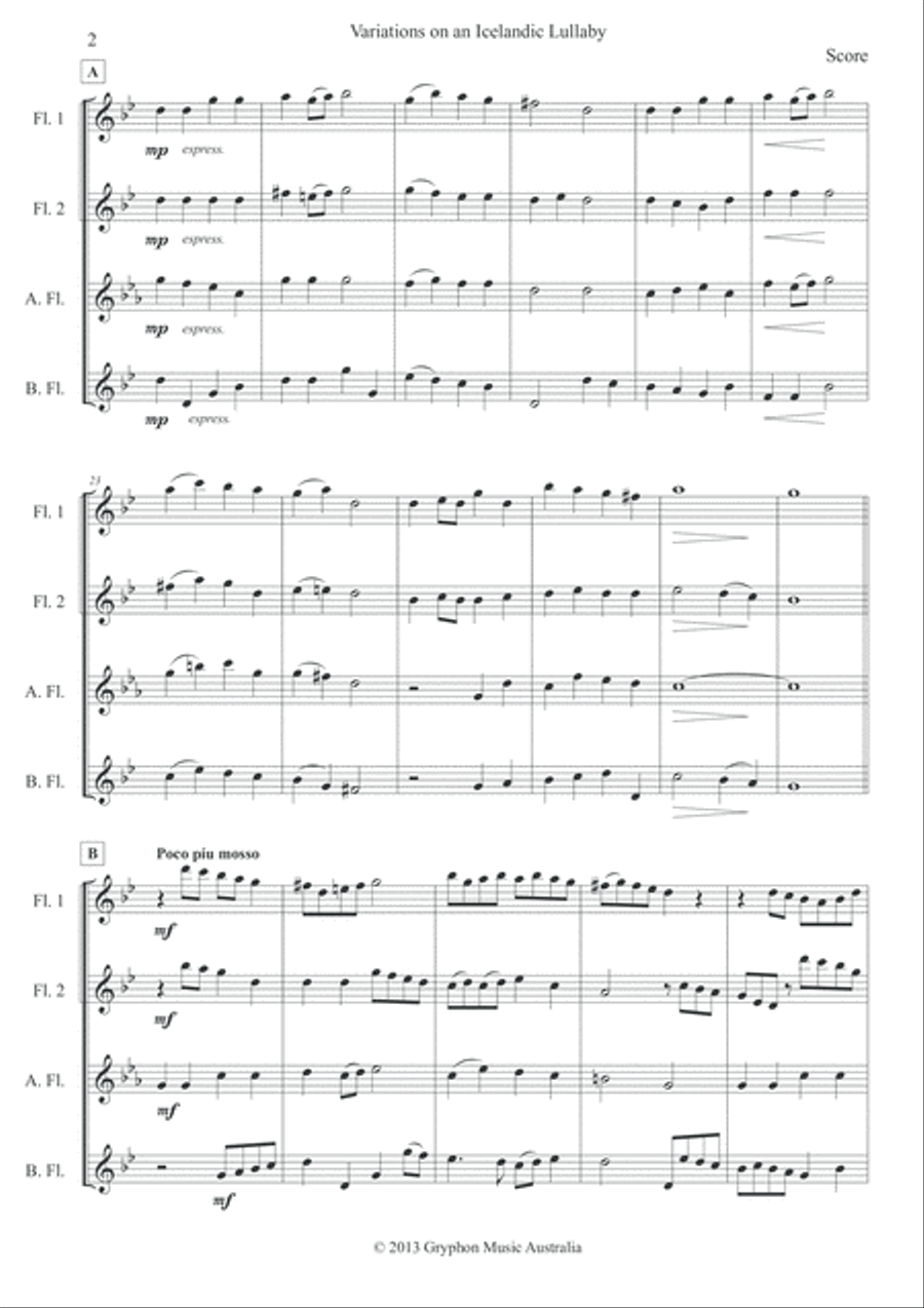 Variations on an Icelandic Lullaby (Sofðu unga ástin mín) for Flute Quartet Flute Quartet scores gallery preview page 4