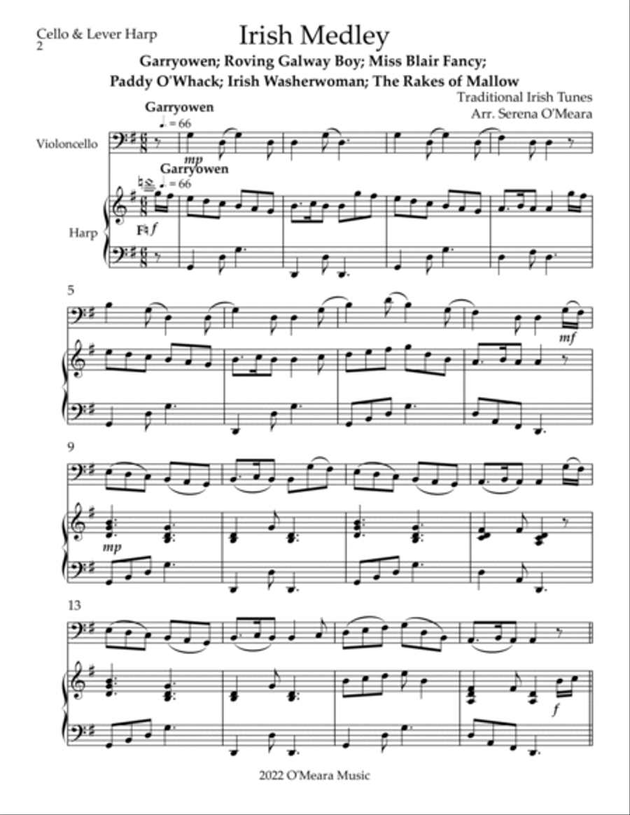 Irish Medley, Duet for Cello & Lever Harp String Duet scores gallery preview page 2