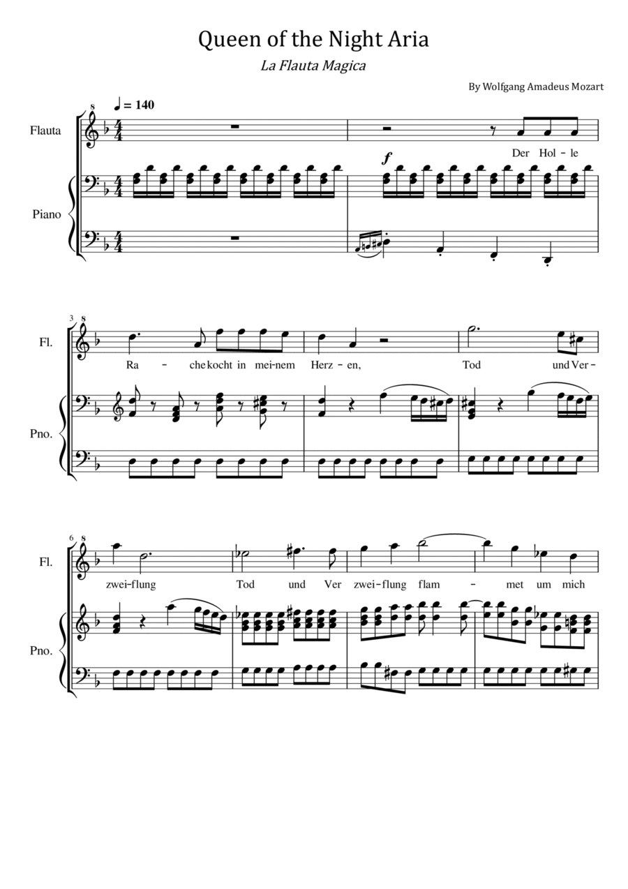 Mozart - Queen of the Night Aria K.620 - La Flauta Magica - For Flute & Piano Flute Solo scores gallery preview page 1