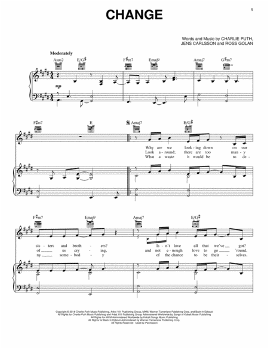 Change Piano, Vocal, Guitar scores gallery preview page 1