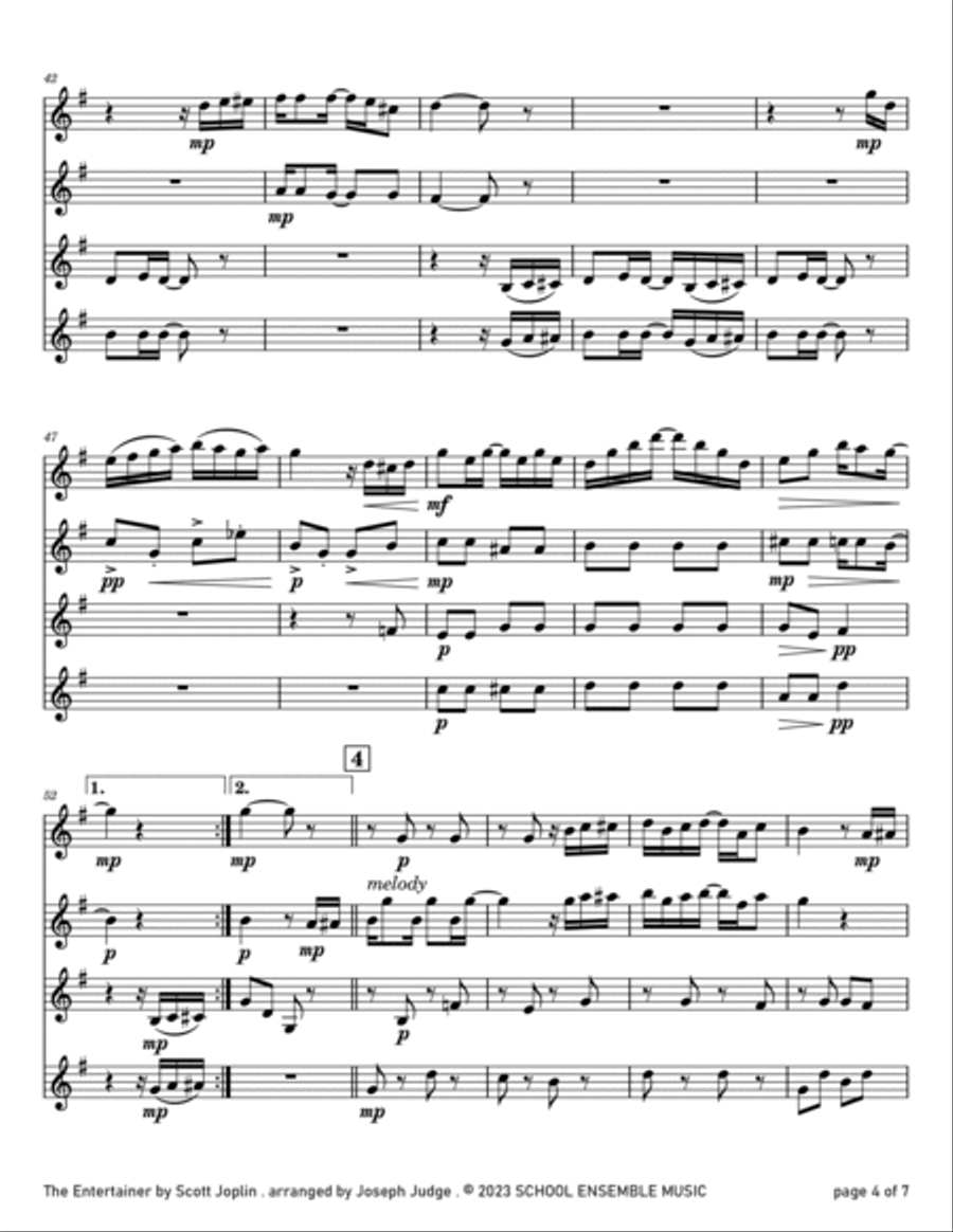 The Entertainer by Scott Joplin for Clarinet Quartet in Schools Clarinet Quartet scores gallery preview page 4