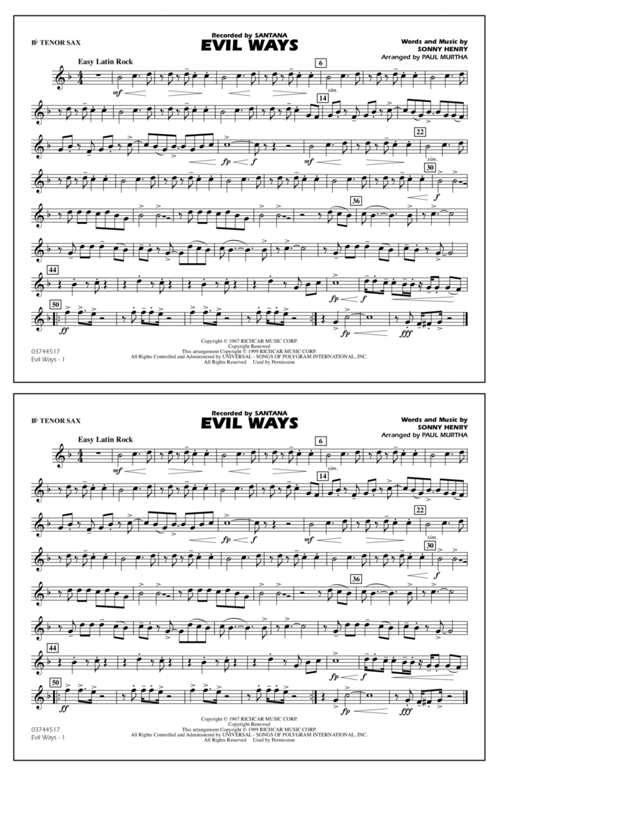 Book cover for Evil Ways (arr. Paul Murtha) - Bb Tenor Sax