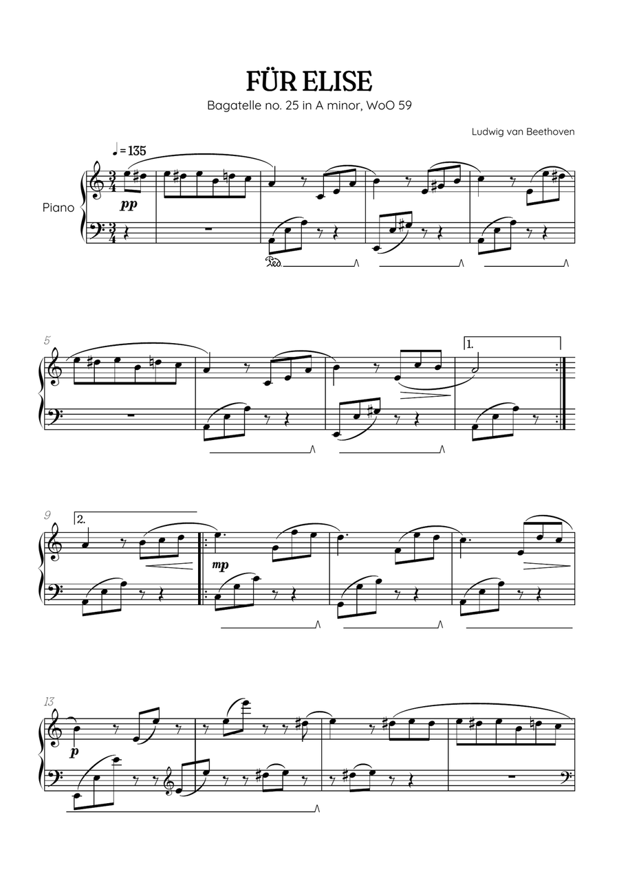 Beethoven • Für Elise / Pour Elise • piano sheet music Piano Method scores gallery preview page 1