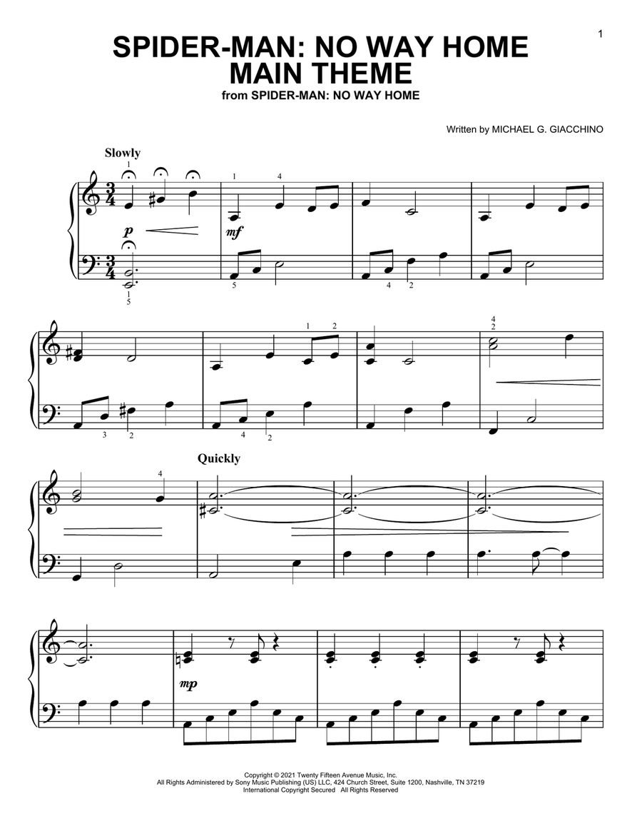 Spider-Man: No Way Home (Main Theme) Easy Piano scores gallery preview page 1
