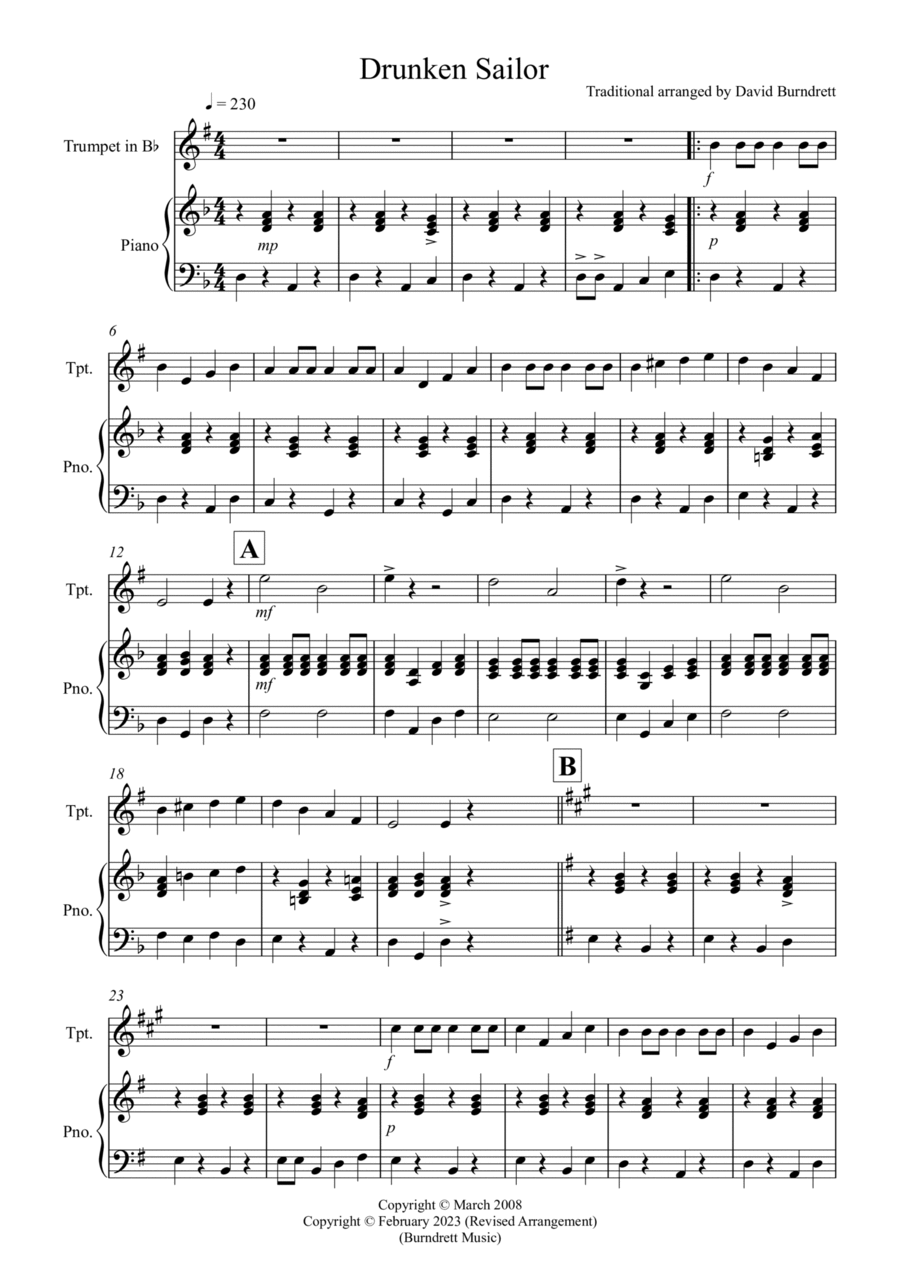 Drunken Sailor for Trumpet in Bb and Piano Trumpet Duet scores gallery preview page 1