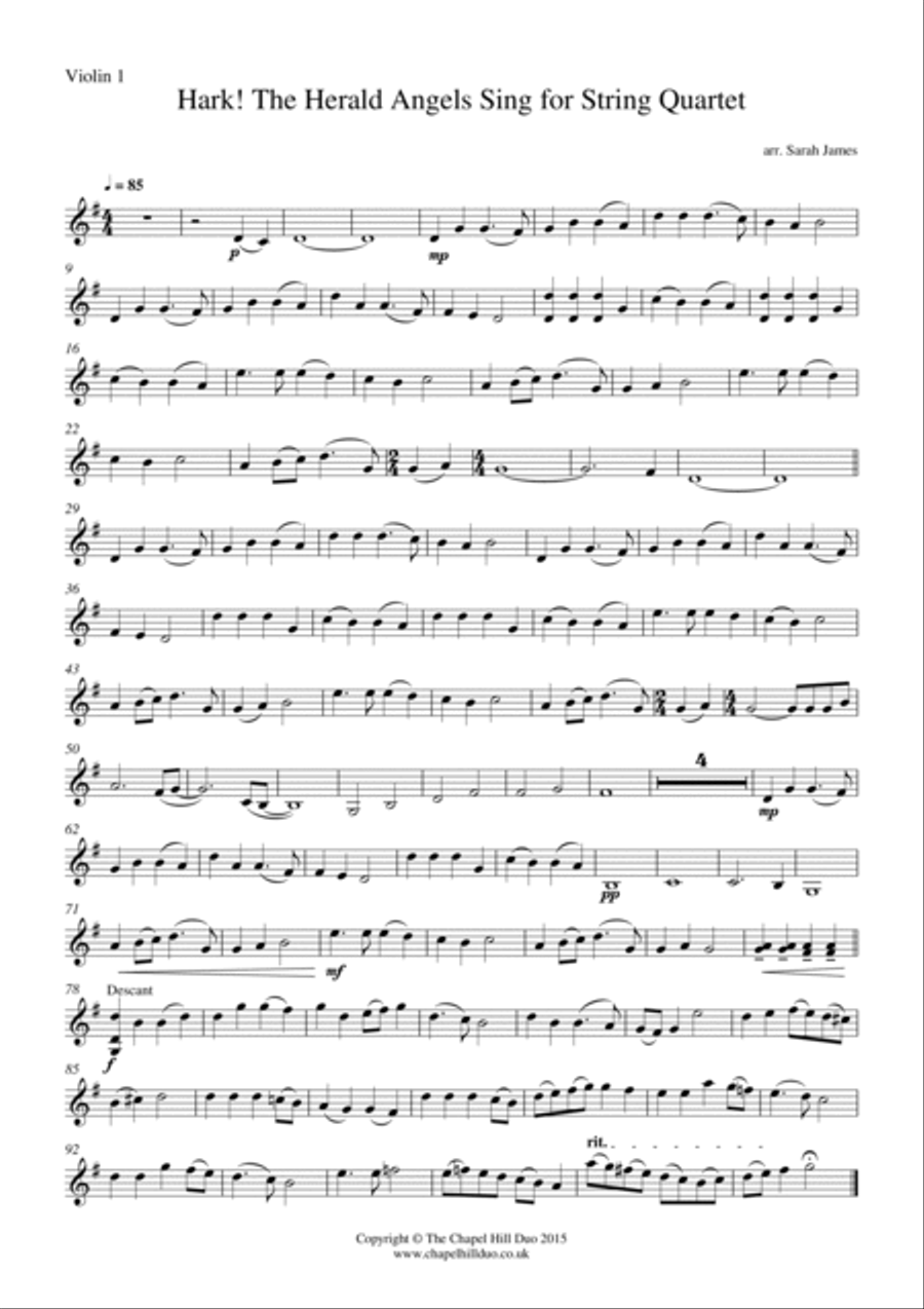 Hark! The Herald Angels Sing for String Quartet - Full Length Arrangement by the Chapel Hill Duo String Quartet scores gallery preview page 2