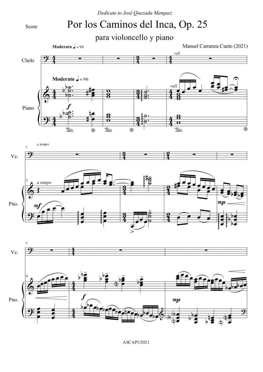 Por los Caminos del Inca, Op. 25 for cello and piano Piano scores gallery preview page 1