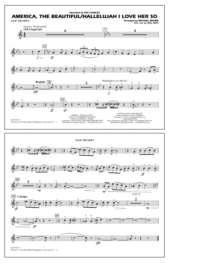 America, The Beautiful/Hallelujah I Love Her So (arr. Michael Brown) - 3rd Bb Trumpet Marching Band scores gallery preview page 1