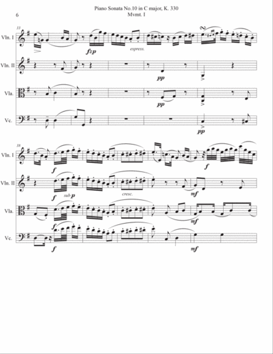 Piano Sonata No.10 in C major, K. 330 Mvmt. I String Quartet scores gallery preview page 6