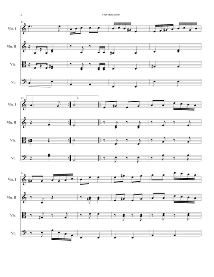 Freylach Zayn, String Quartet arrangement by Harris Shilakowsky String Quartet scores gallery preview page 2