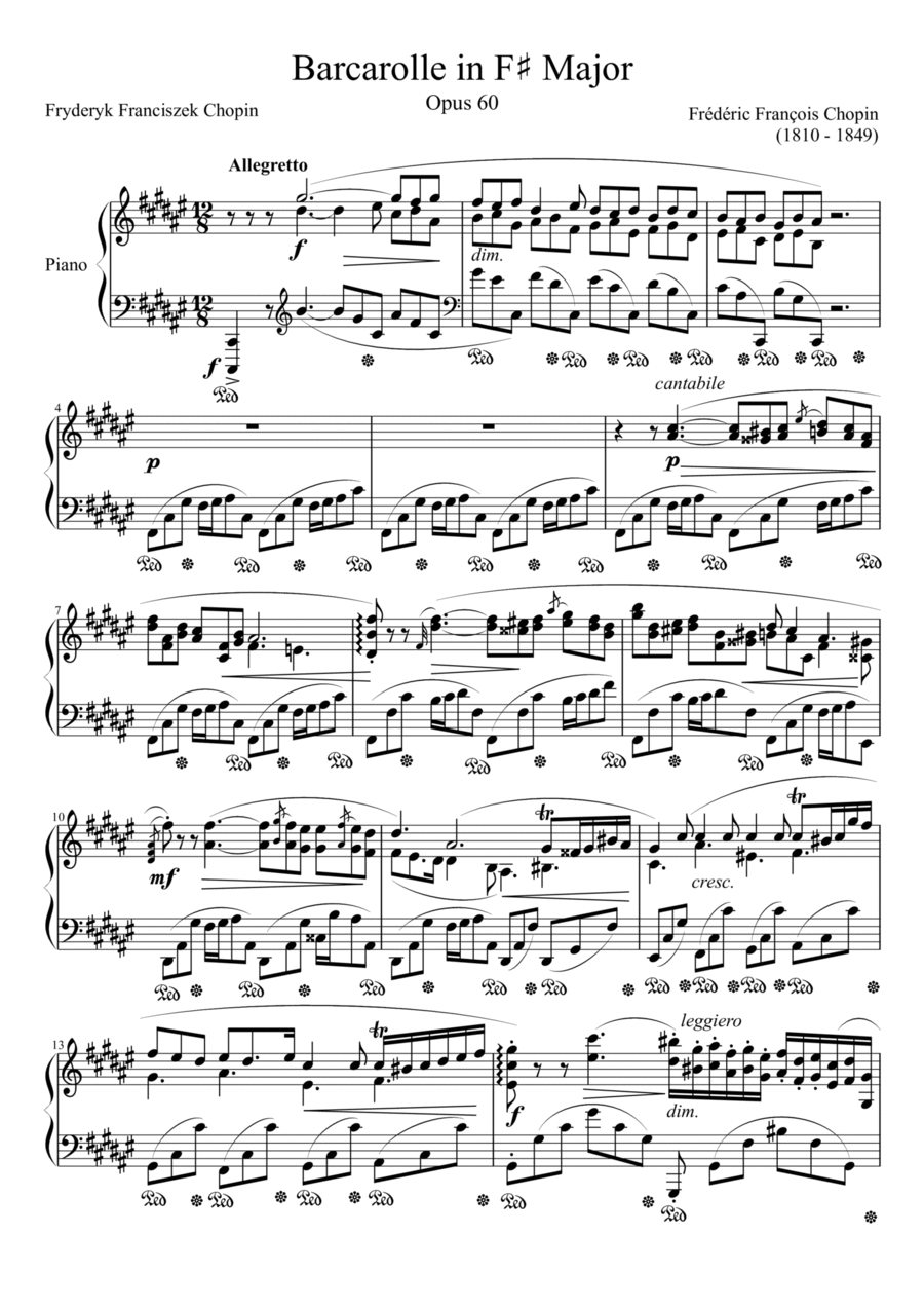 Barcarolle Opus 60 in F# Major Piano Solo scores gallery preview page 1