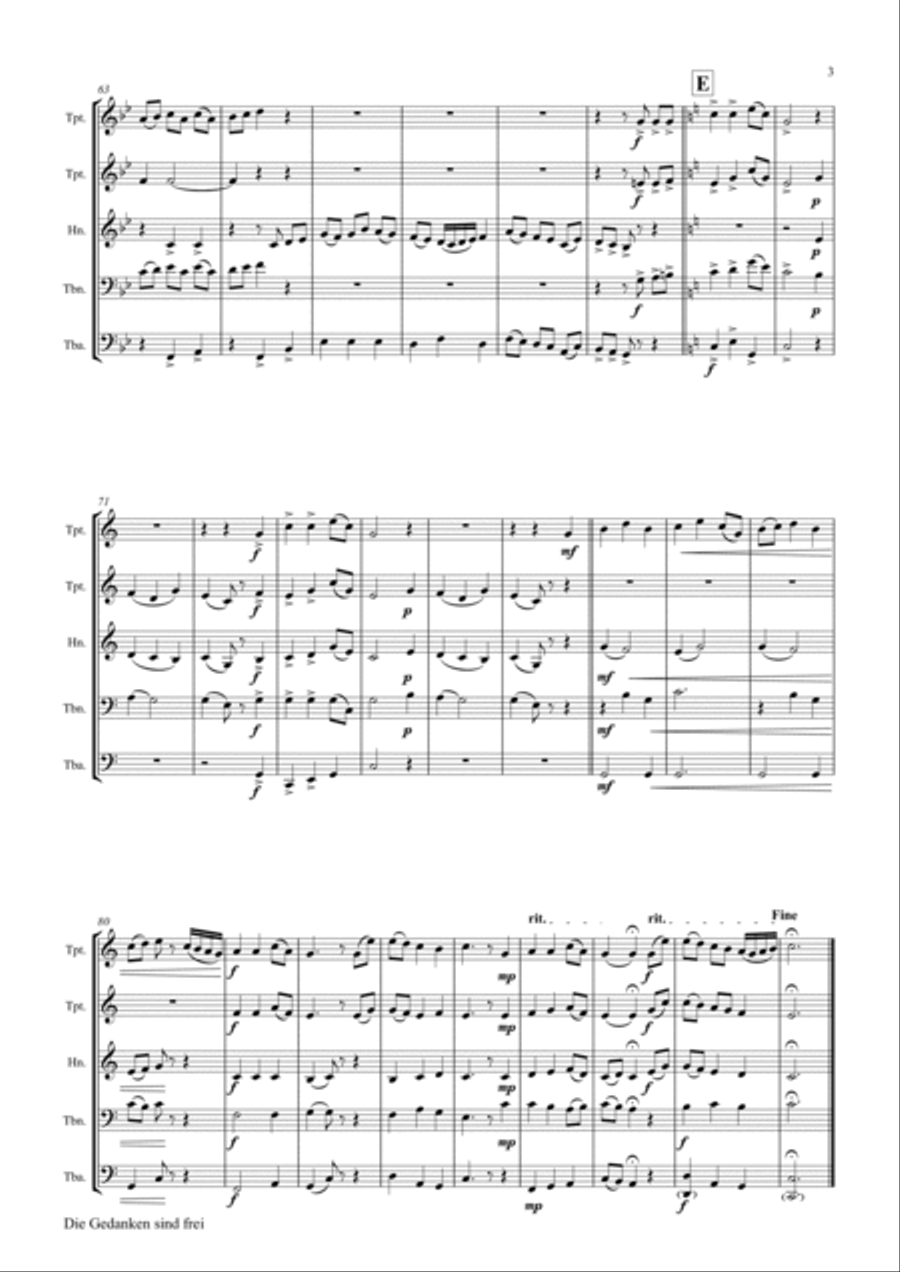 Die Gedanken sind frei - (Thoughts are free) - German Folk Song - Brass Quintet Brass Quintet scores gallery preview page 4