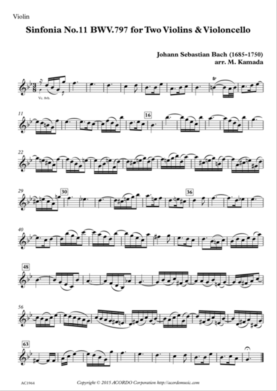 Sinfonia No.11 BWV.797 for Two Violins & Violoncello String Duet scores gallery preview page 3