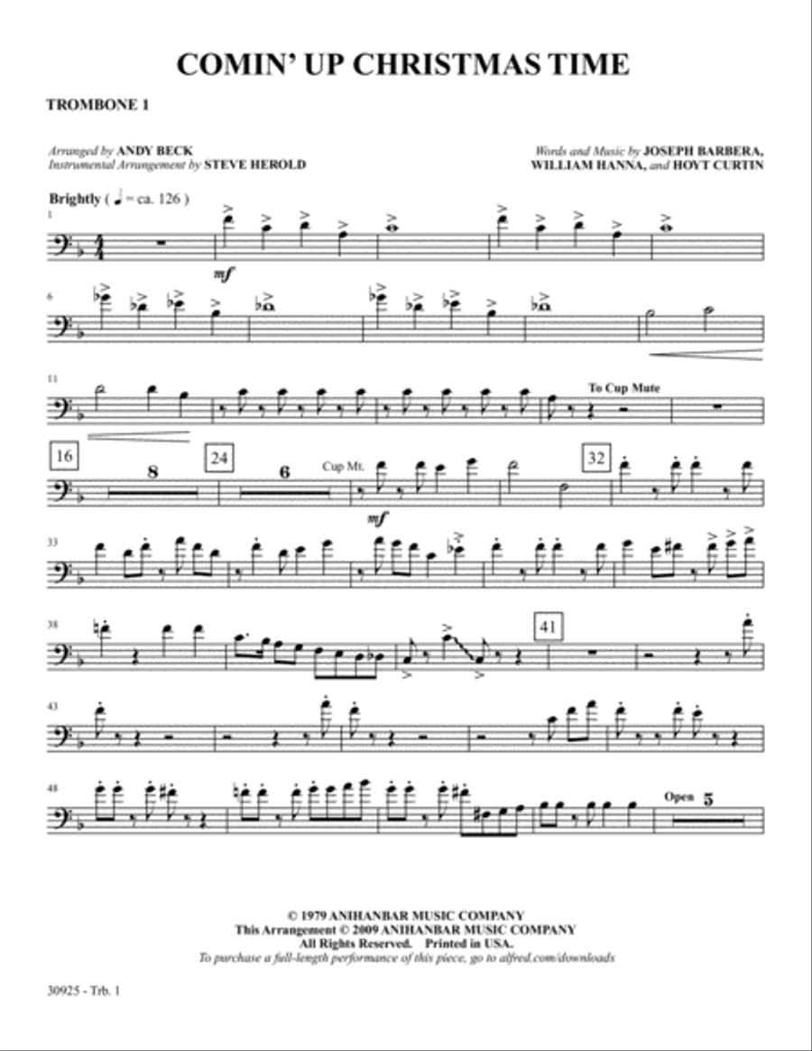 Comin' Up Christmas Time: 1st Trombone Trombone scores gallery preview page 1
