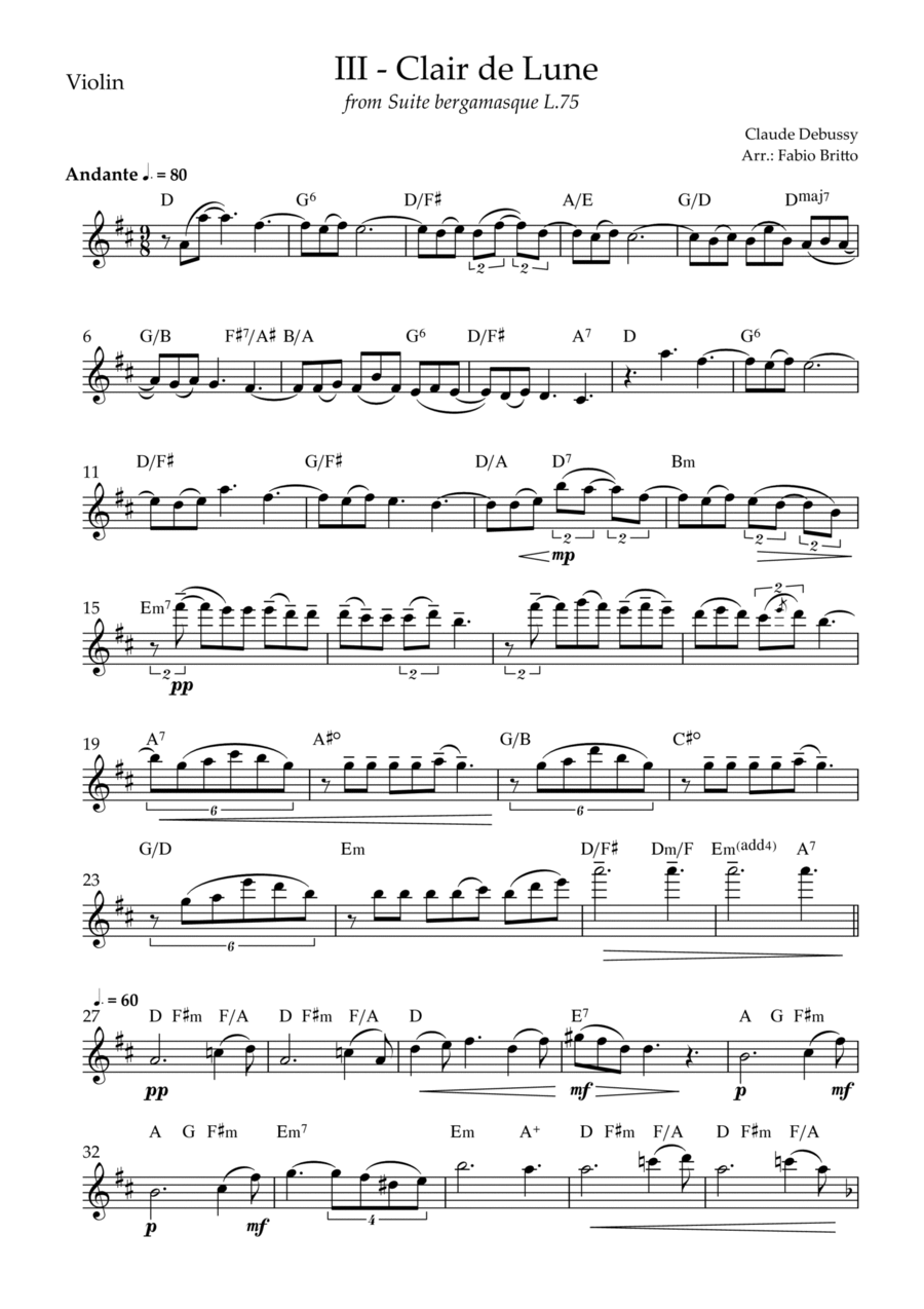 Clair de Lune (C. Debussy) for Violin Solo with Chords (D Major) Violin Solo scores gallery preview page 1