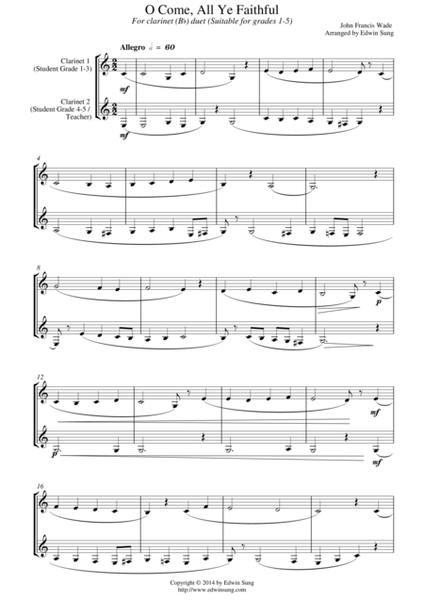 O Come, All Ye Faithful (for clarinet (Bb) duet, suitable for grades 1-5) image number null