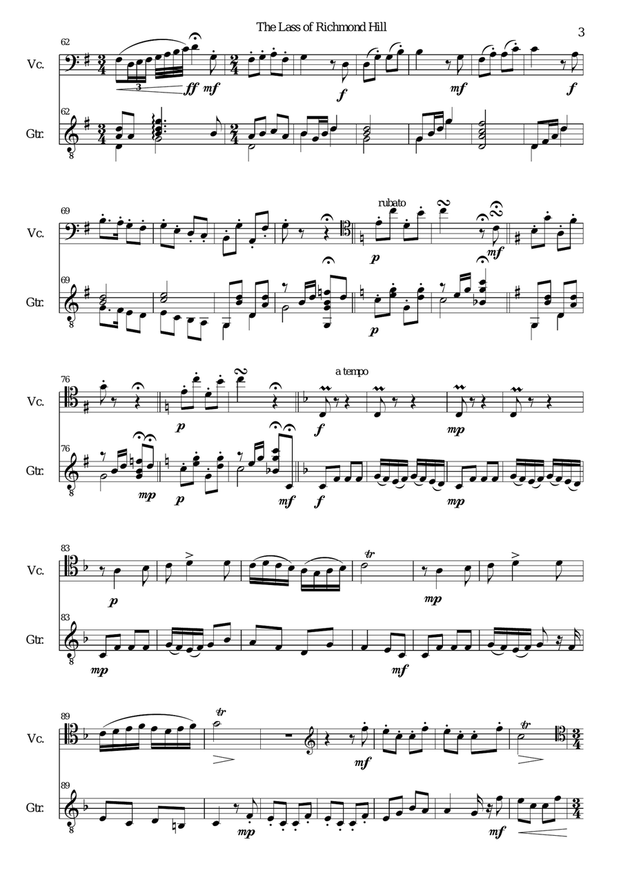 Lass of Richmond Hill for cello and guitar String Duet scores gallery preview page 3