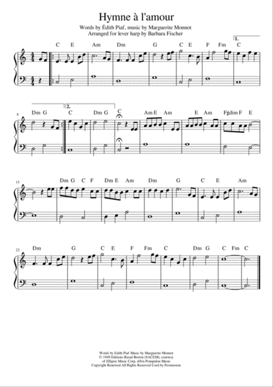 Hymne A L'amour Harp scores gallery preview page 1