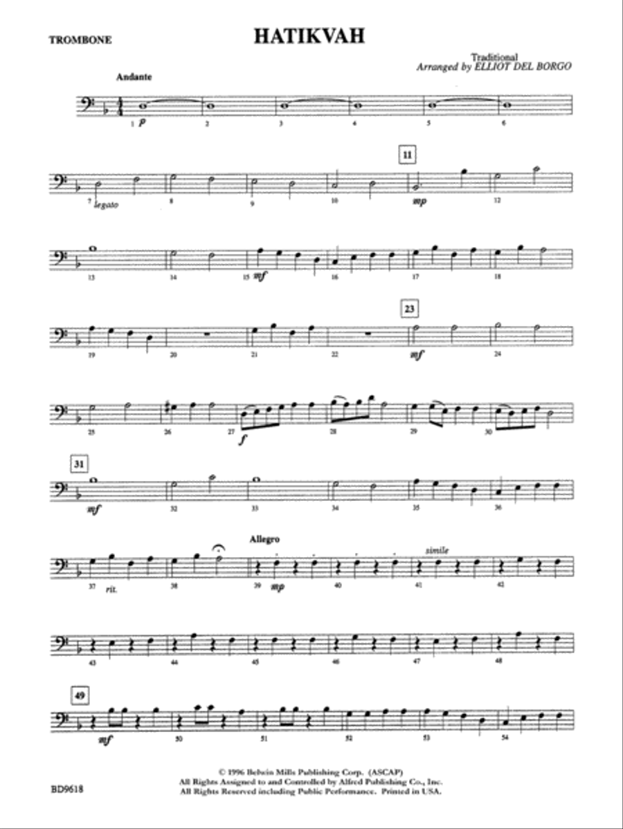 Hatikvah: 1st Trombone Hatikvah: 1st Trombone Concert Band scores gallery preview page 1