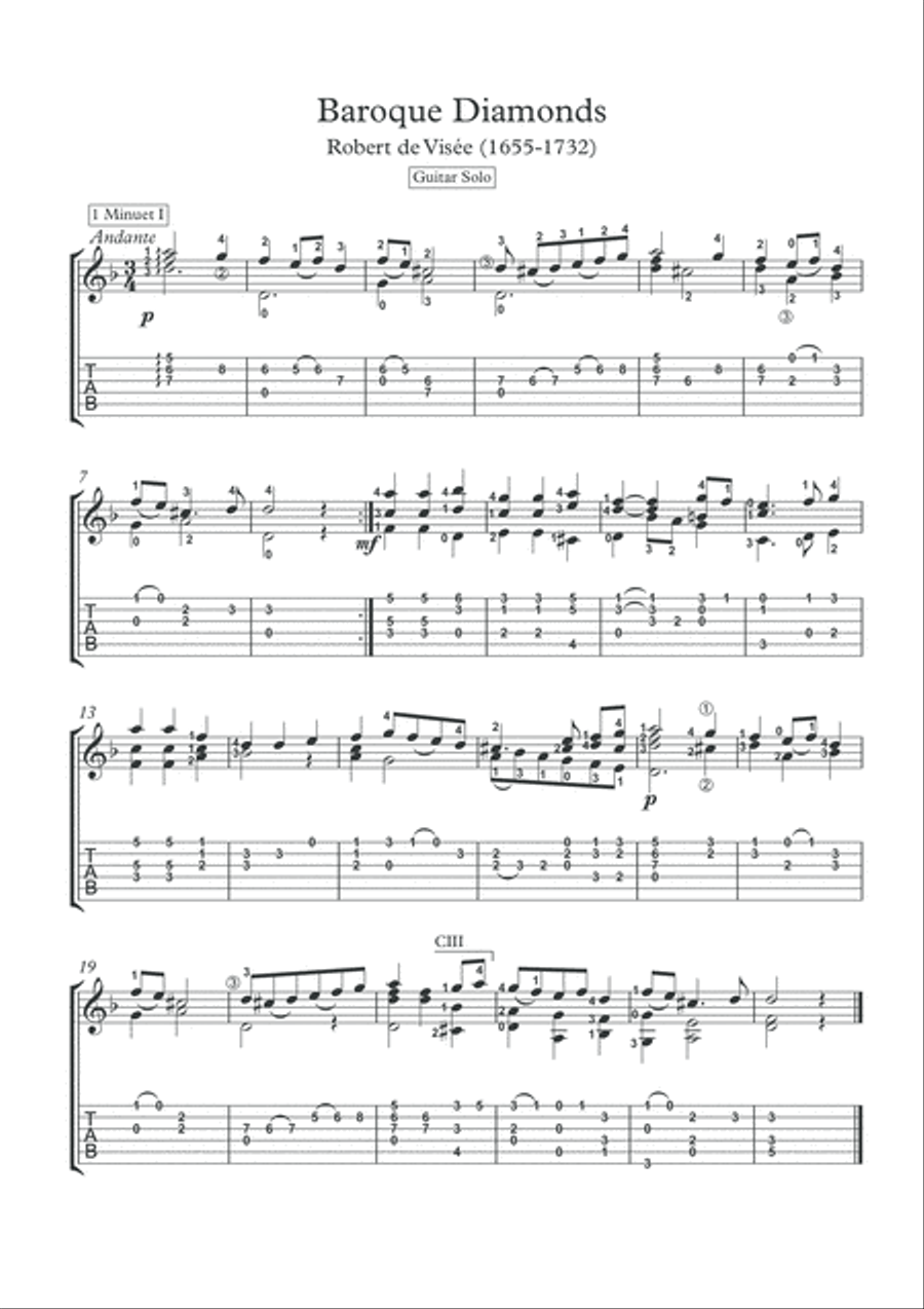 Baroque Diamonds for classical guitar by Robert de Visee (1655 – 1732) Acoustic Guitar scores gallery preview page 2
